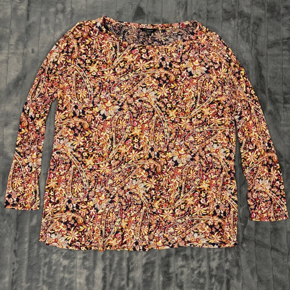 Lucky Brand Womens 1X Paisley Floral Long Sleeve Scoop Neck Top Red Navy Gold